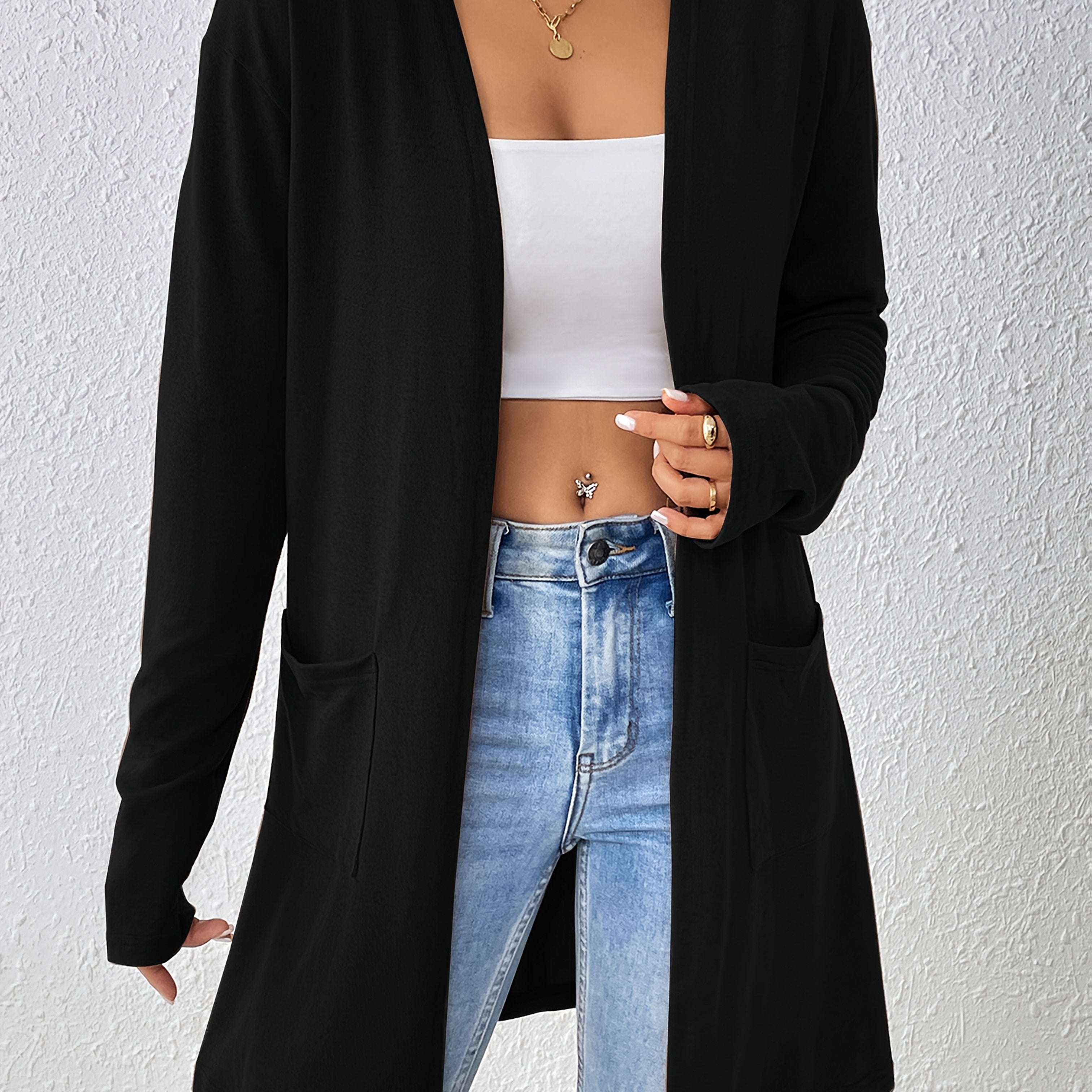 Dual Pockets Open Front Cardigan, Stylish Solid Color Long Sleeve Cardigan For Spring & Fall, Women's Clothing