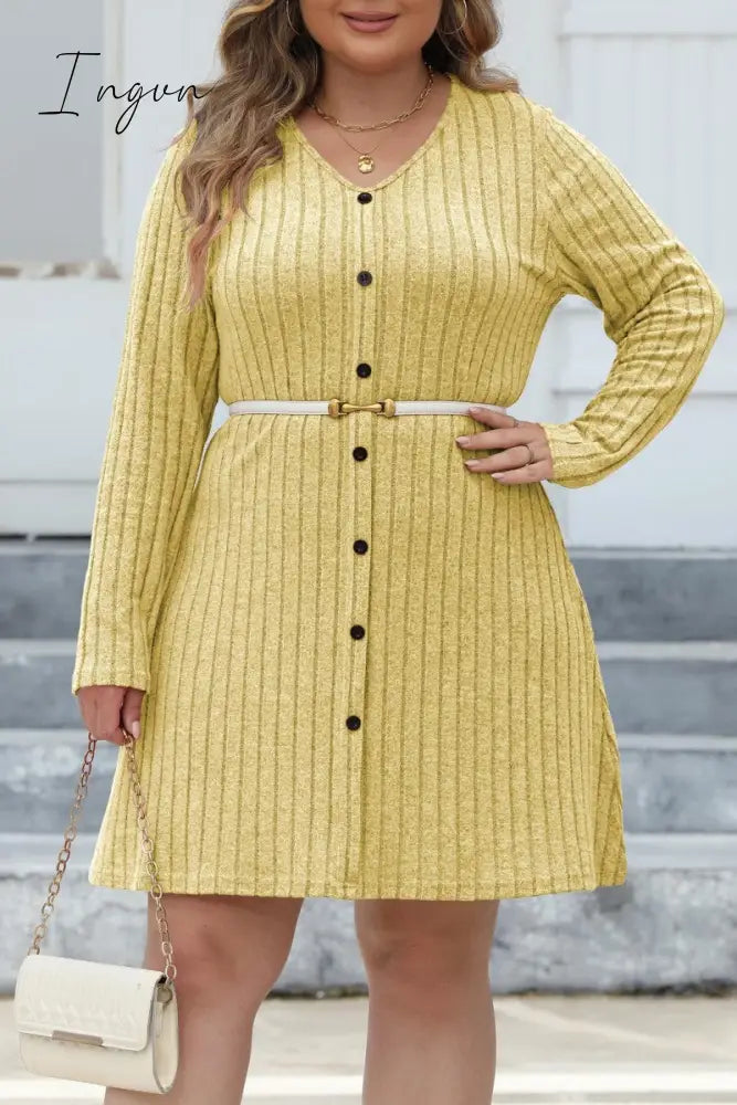 Ingvn - Casual Solid Patchwork V Neck Long Sleeve Plus Size Dresses (Without Belt)