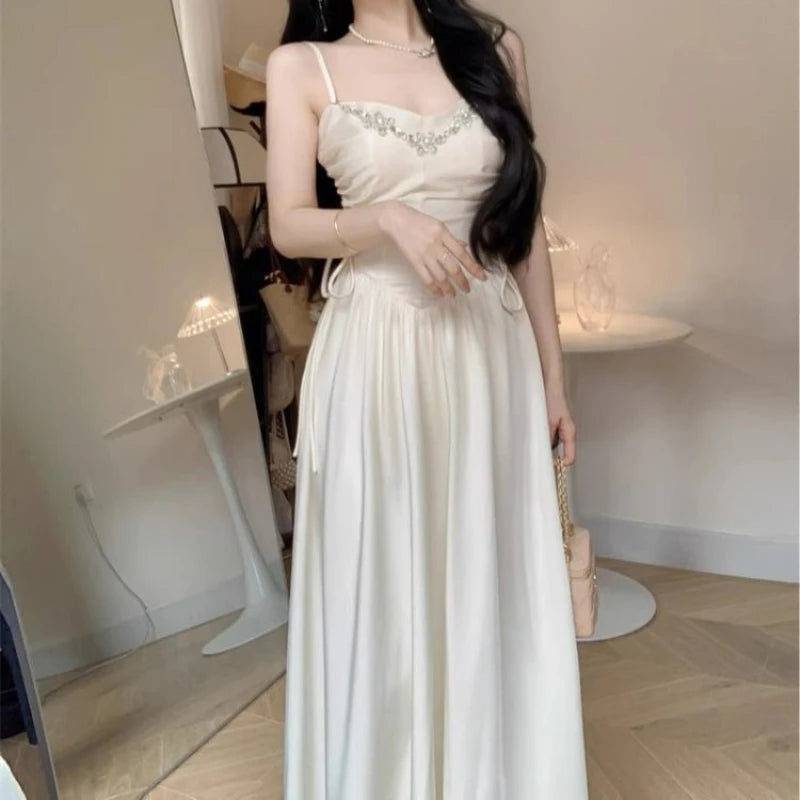 Elegant Evening Party Dresses for Women White Long Sleeveless Bodycone Dress Korean Midi Vintage Sweet Dress Chic