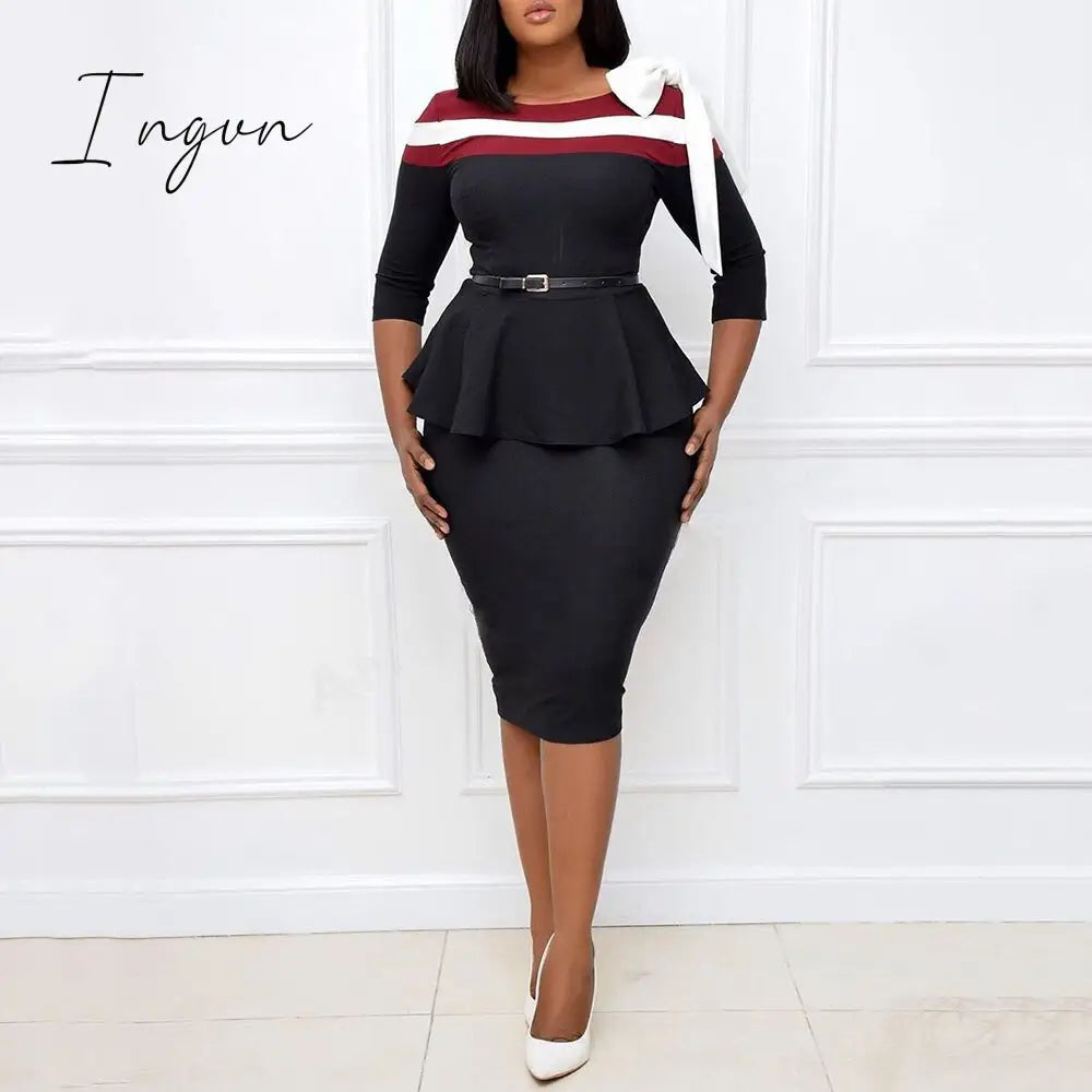 Ingvn - puff sleeve women patchwork dress autumn  bodycon dresses elegant office lady work midi dresses femme vestiods plus size 4xl