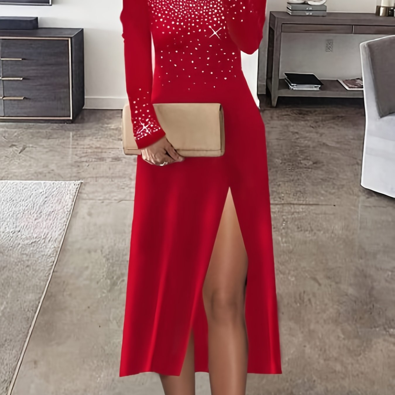 Rhinestone Cold Shoulder Dress, Elegant Long Sleeve Split Dress, Women's Clothing