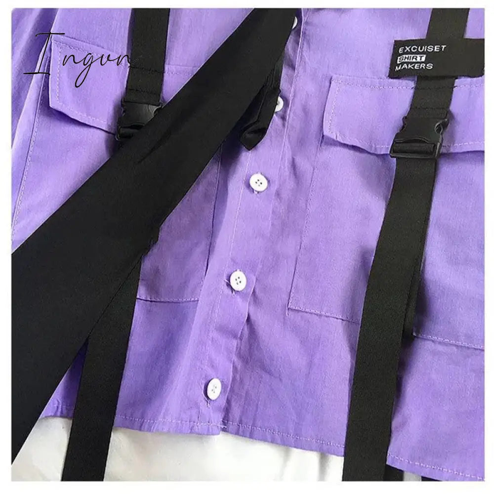 Ingvn - Autumn Streetwear Pants High-Waist Straight Ribbon Cargo Pants Student Loose Short-Sleeved Shirt with Tie two-piece Set
