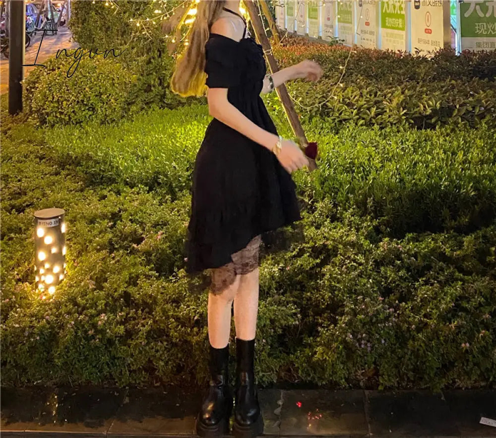 Ingvn - New Gothic Women Black Fairy Party Dress Cross Square Collar Lolita Princess Irregular Dress Cute Kawaii Lace Ruffles Chic Dress