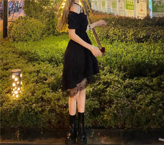 Ingvn - New Gothic Women Black Fairy Party Dress Cross Square Collar Lolita Princess Irregular Dress Cute Kawaii Lace Ruffles Chic Dress