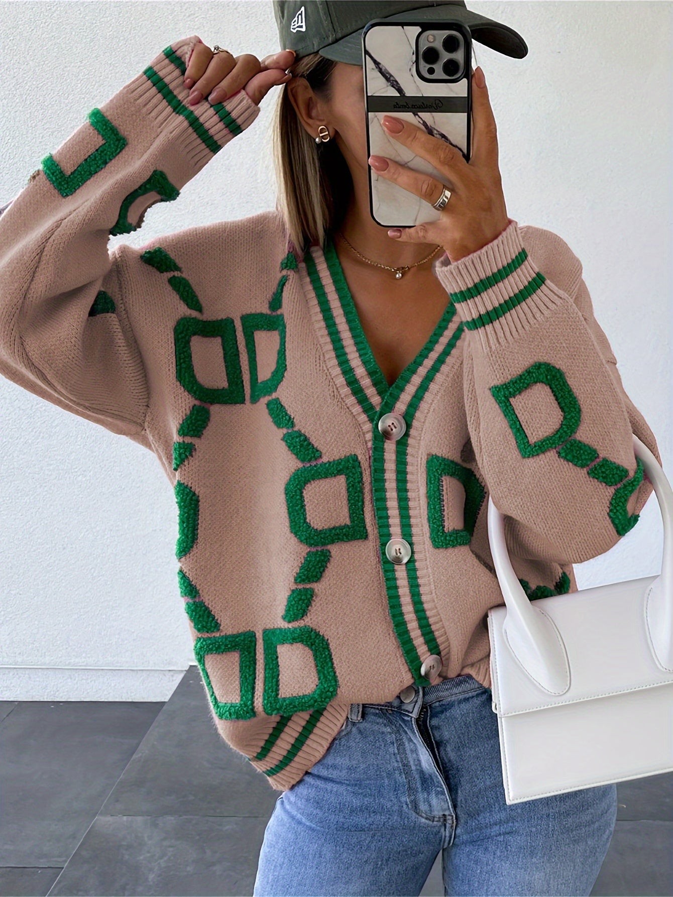 High Contrast Knit Cardigan, V-Neck Button Up Cardigan Sweater, Casual Tops For Fall & Winter, Women's Clothing