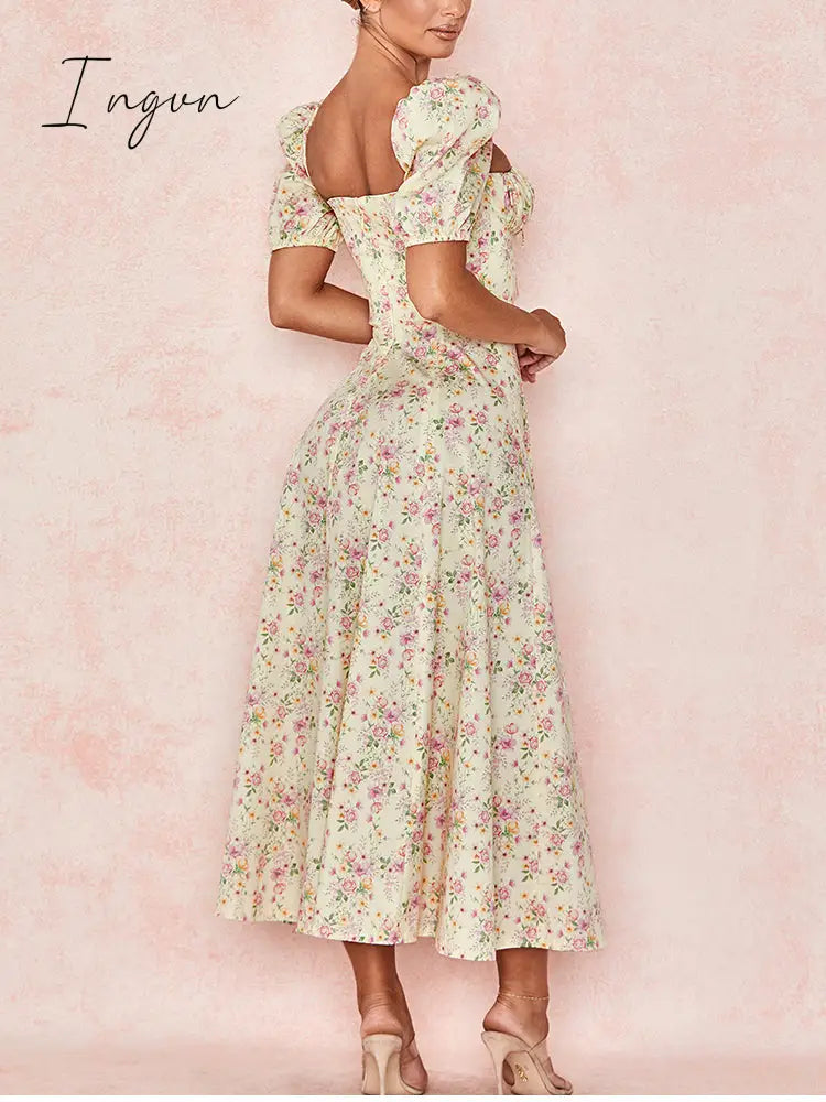 Ingvn - Print Summer Dress Women Floral Short Puff Sleeves Square Collar Holiday MIDI Dress Female Drawstring High Slit Dress