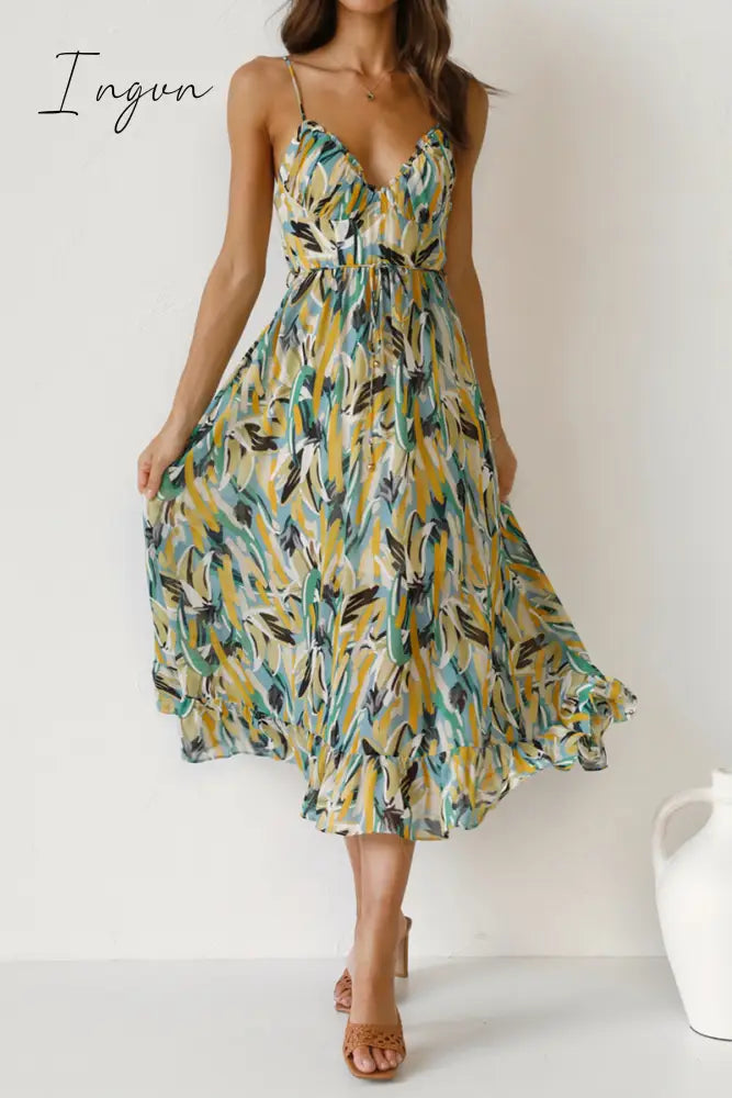 Ingvn - Fashion Print Patchwork Spaghetti Strap Cake Skirt Dresses