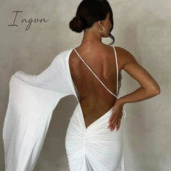 Ingvn - Fashion Draped Deep V Sexy Backless Maxi Dresses Party Club Women Elegant One Shoulder Gown Slip Dresses Ruched