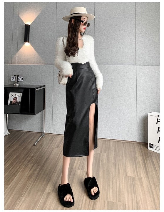 Midi Split PU Leather Skirt Women Autumn Winter Black Sexy Bodycon Fashion Party Ladies Pencil Skirts Ladies Pocket