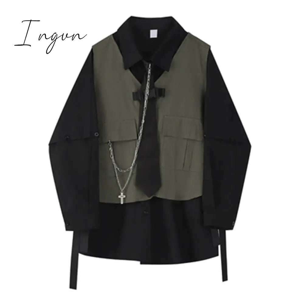 Ingvn - Spring Autumn Women's Two-Piece Sets Streetwear Fashion Tooling Style Vest And Solid Loose Long Sleeve Shirts Female Suit