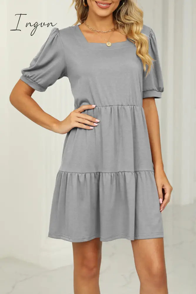 Ingvn - Casual Solid Fold Square Collar A Line Dresses