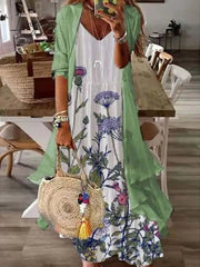 Ingvn - Women's Two Piece Dress Set Print Dress Daily Vacation Casual Print Maxi Dress V Neck 3/4 Length Sleeve Floral Loose Fit White Purple Green Summer Spring S M L XL XXL