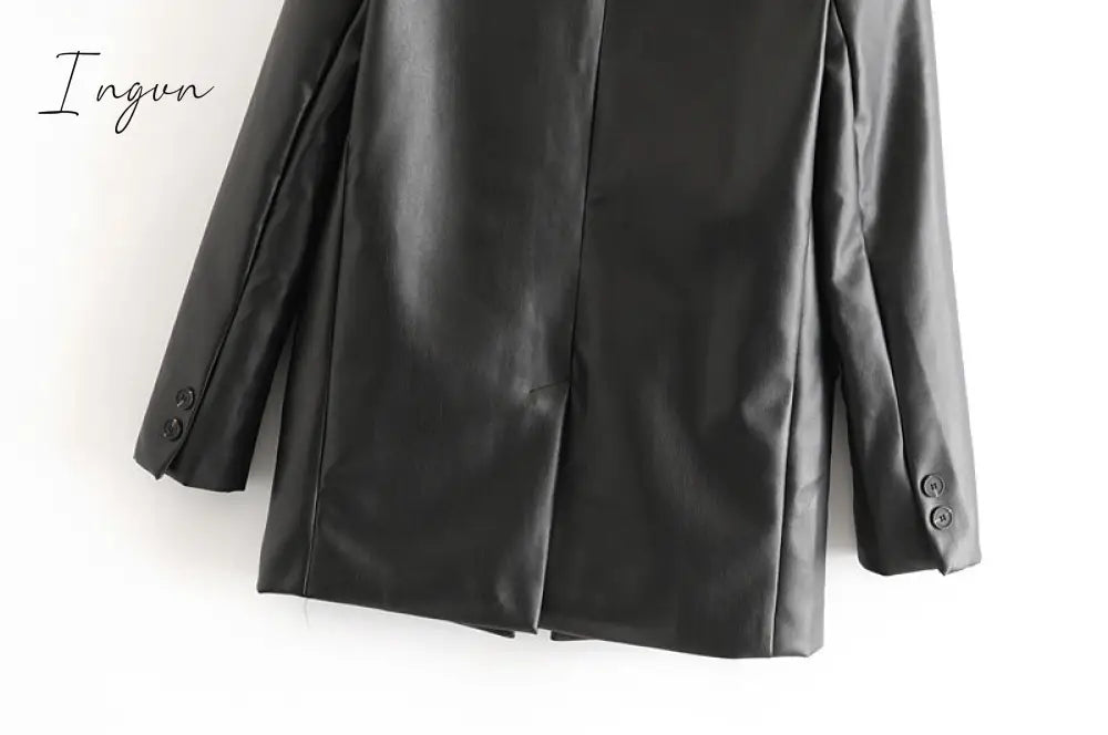 Ingvn - Women Fashion Faux Leather Pockets Loose Blazer Coat Vintage Long Sleeve Back Vents Female Outerwear Chic Tops