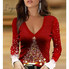 Ingvn - Women's T shirt Tee Green Wine Fuchsia Christmas Tree Sparkly Print Long Sleeve Christmas Weekend Basic V Neck Regular Painting S / 3D Print