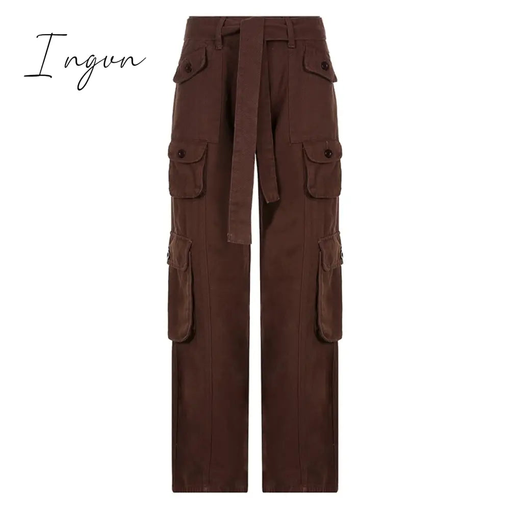 Ingvn - Hot Sell Quality Grunge Streetwear Cargo Pants Woman Low Waist Baggy Mom Jeans Vintage 90s Hippie Wide Leg Denim Trousers Korean Outfits