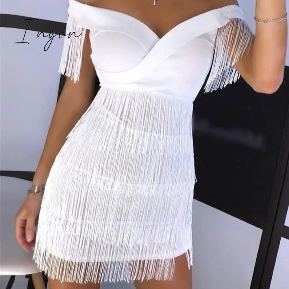 Ingvn - Sexy Sleeveless Bodycon Mini Dress Women White Off Shoulder Tassel Female Short Dresses Summer Party Club Bandage Vestidos