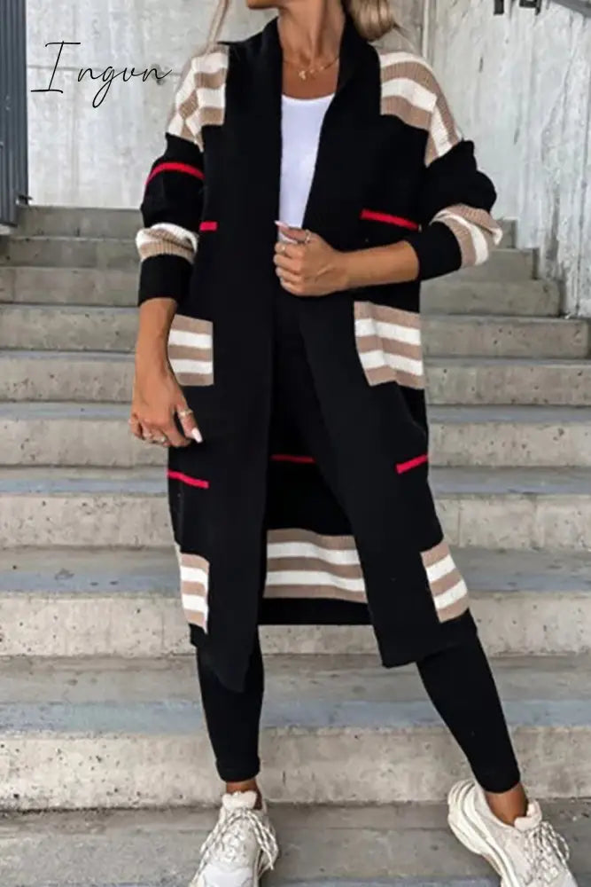 Ingvn - Casual Street Striped Patchwork V Neck Outerwear