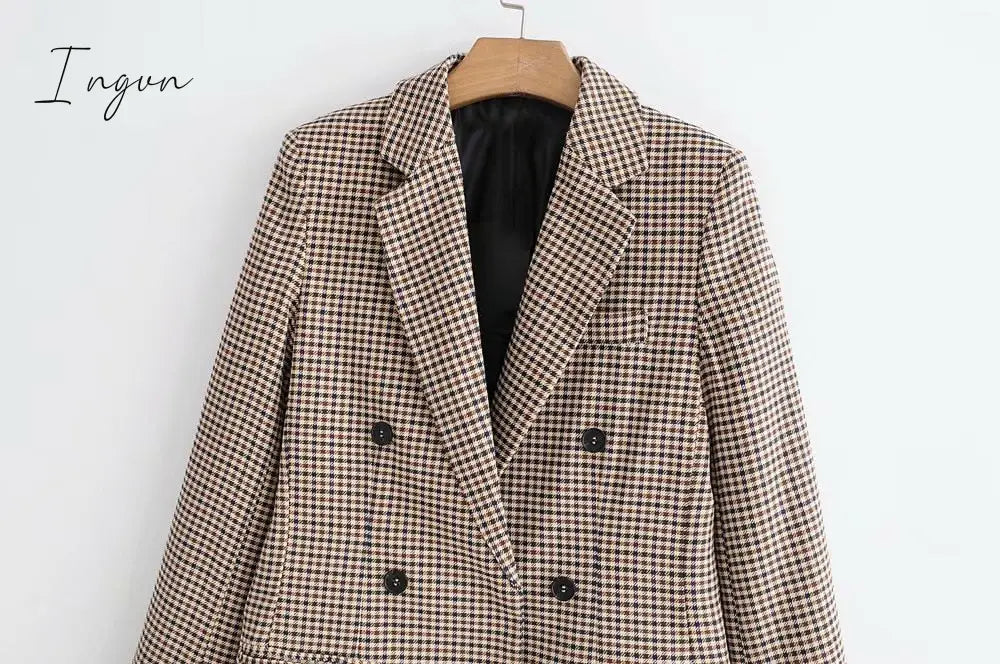 Ingvn - Fashion Autumn Women Plaid Blazers and Jackets Work Office Lady Suit Slim Double Breasted Business Female Blazer Coat Talever