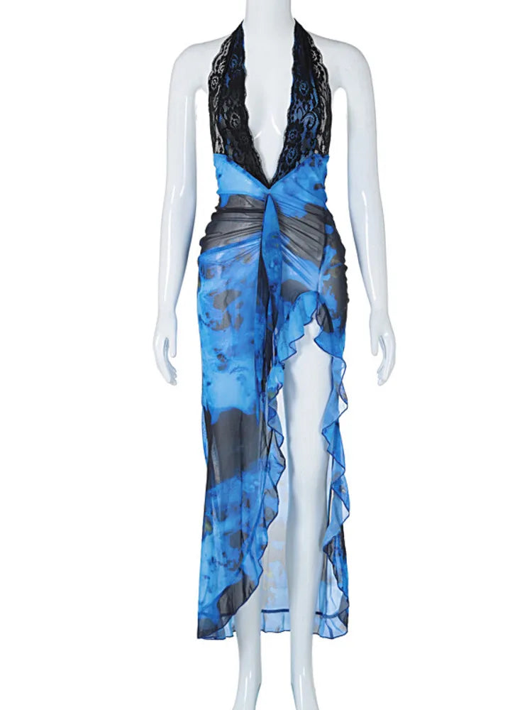 Sexy Sleeveless Lace Patchwork Irregular Split Dress For Women Summer Ruffle Edge Hanging Neck Long Dress Holiday