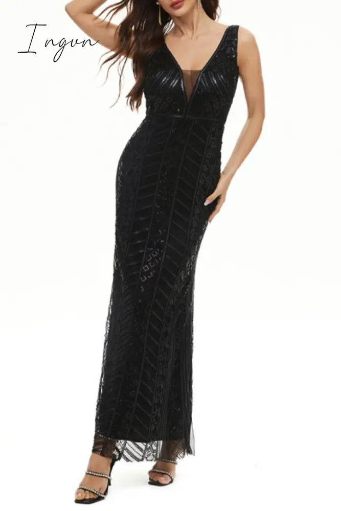 Ingvn - Sexy Formal Patchwork V Neck Evening Dress Dresses