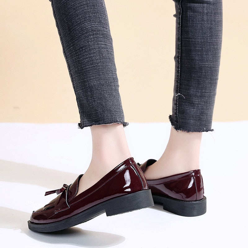 Rimocy Black Patent Leather Women's Loafers Platform Slip on Shoes for Women Spring British Tassel Casual Flats Shoes Woman
