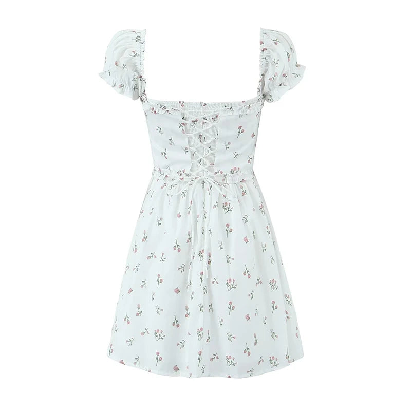 Women Sexy Elegant Pink Mini Dress Vintage Puff Sleeve Slim Low Waist Holiday Party Dresses Lacing Up Back Summer Robe