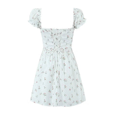 Women Sexy Elegant Pink Mini Dress Vintage Puff Sleeve Slim Low Waist Holiday Party Dresses Lacing Up Back Summer Robe
