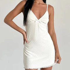 Sexy Women Flocking Polka Dot Mesh Dress Summer Lady Thin Straps V Neck A-line Sling Mini Dress White Robe