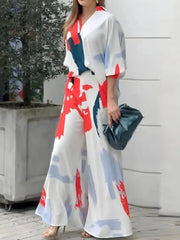 Ingvn - Women's Shirt Pants Sets White Graphic Print 3/4 Length Sleeve Casual Daily Fashion V Neck Regular Fit Spring &  Fall