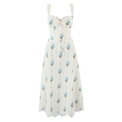 New Fashion Women Floral Print A-line Midi Elegant Party Dresses Sexy Wide Straps Lace Spliced Holiday Summer Dress