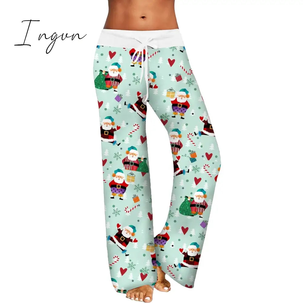 Ingvn - Womens Christmas Pants Cartoon Santa Claus Print Pants Wide Leg Pants Pull Rope Elastic Drawstrings Sweatpants Straight Trousers