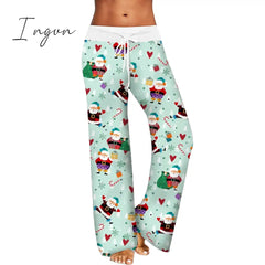 Ingvn - Womens Christmas Pants Cartoon Santa Claus Print Pants Wide Leg Pants Pull Rope Elastic Drawstrings Sweatpants Straight Trousers