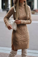 Ingvn - Elegant Solid Slit Weave Turtleneck Long Sleeve Dresses