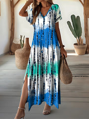Tie Dye V-neck Dress, Elegant Split Short Sleeve Dress For Spring & Summer, Women's Clothing
