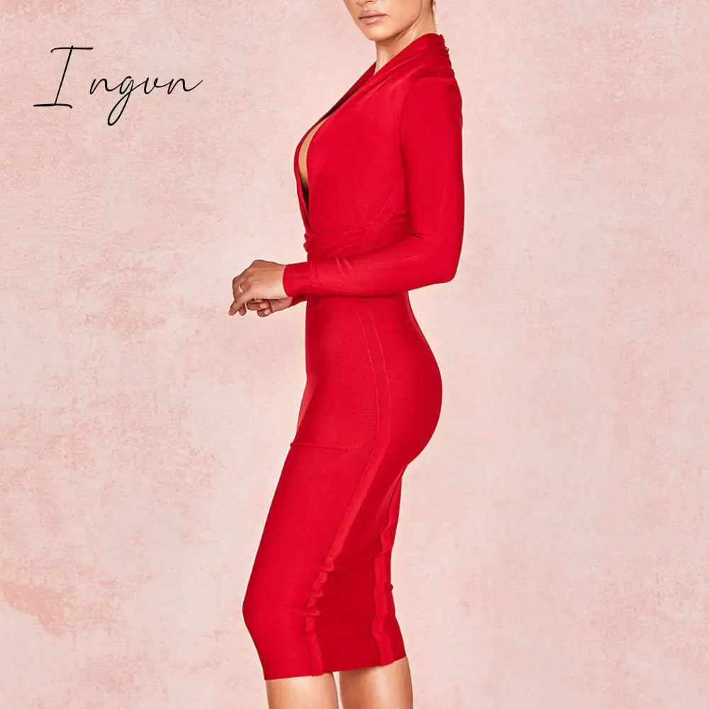 Ingvn - New Summer Deep V Neck Women Bandage Dress Full Sleeves Celebrity Bodycon Dress Sexy Club Vestidos Evening Party Dresses