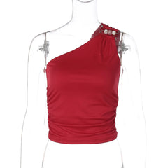 Oblique Shoulder Sleeveless Crop Tops For Women One Shoulder Backless Sexy Tank Tops Female Skinny Club Tops Elegant