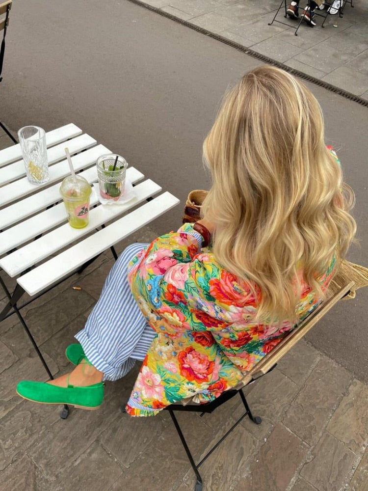 Vintage Print Thick Cotton Jacket Women Loose Flare Sleeve Autumn Winter Jacket Female Fashion O-Neck Ladies Outwear New