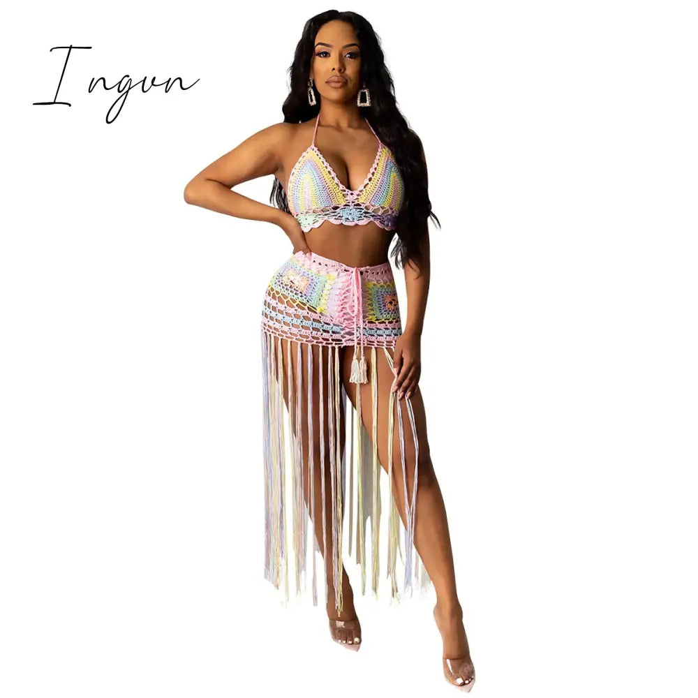 Ingvn - Sexy Crochet Tassel Two Piece Skirt Set Beach Dress Suit Summer Outfit Womens 2 Piece Matching Sets