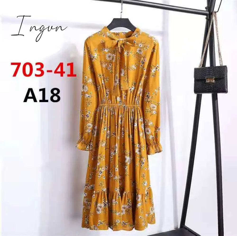 Ingvn - 11 Style Beautiful Fashion Summer Women Long Sleeve Dress Retro Collar Casual High Waist Dresses Floral Print Chiffon Clothing