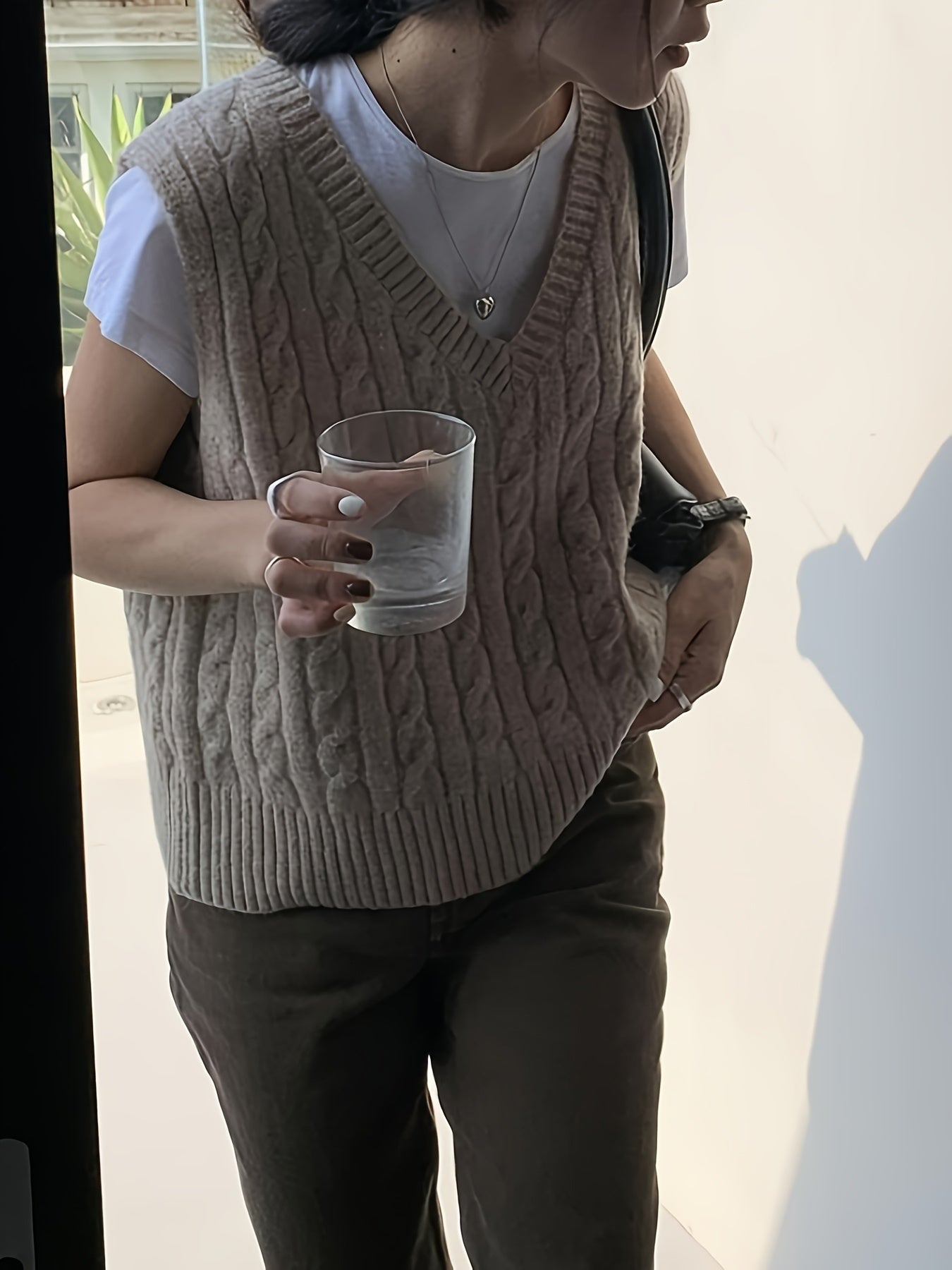 Solid V Neck Cable Knit Vest - Women's Casual Clothing - Sleeveless Loose Fit Versatile Sweater Vest for Everyday Wear, Comfortable and Stylish