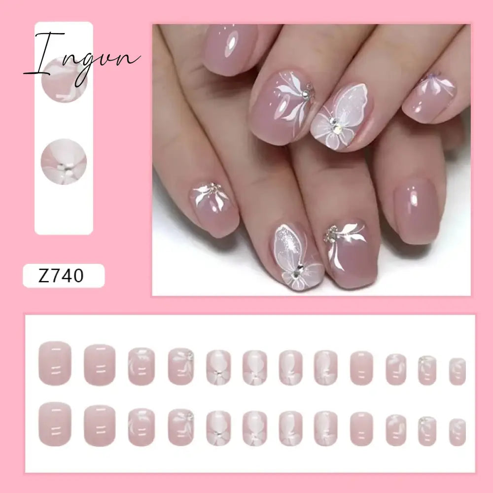 24pcs/Box Gradient Nail Art Patches False Nails Short Square Nail Blue Starry Glitter Teardrop Diamond Fake Nail Tips