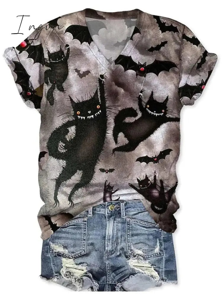 Ingvn - Women's T shirt Tee Halloween Shirt Black Yellow Pink Graphic Floral Print Short Sleeve Halloween Weekend Basic V Neck Regular Fit Floral Painting