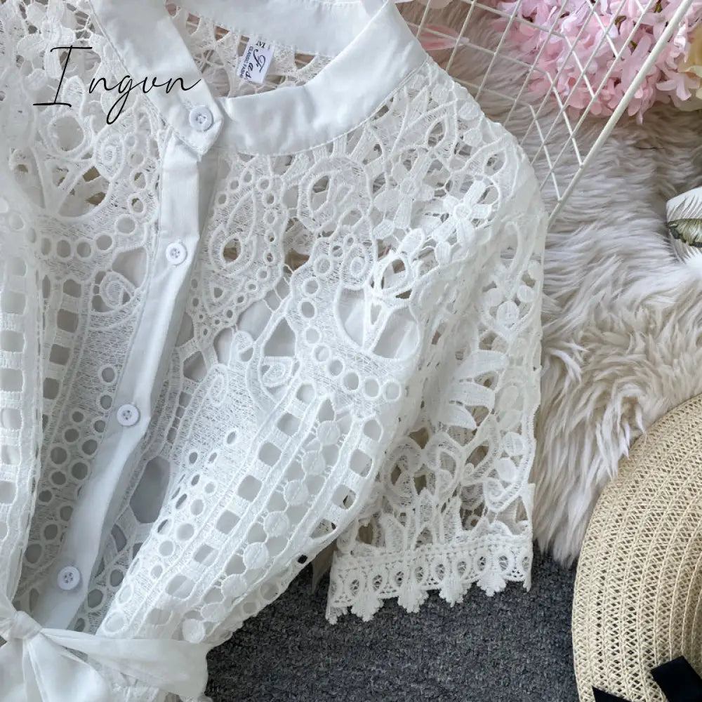 Ingvn - Women Elegant Hollow Out Lace Dress Office Lady Summer Solid O-Neck Button up Sashes Midi Dress Female Chic Short Sleeve Dress