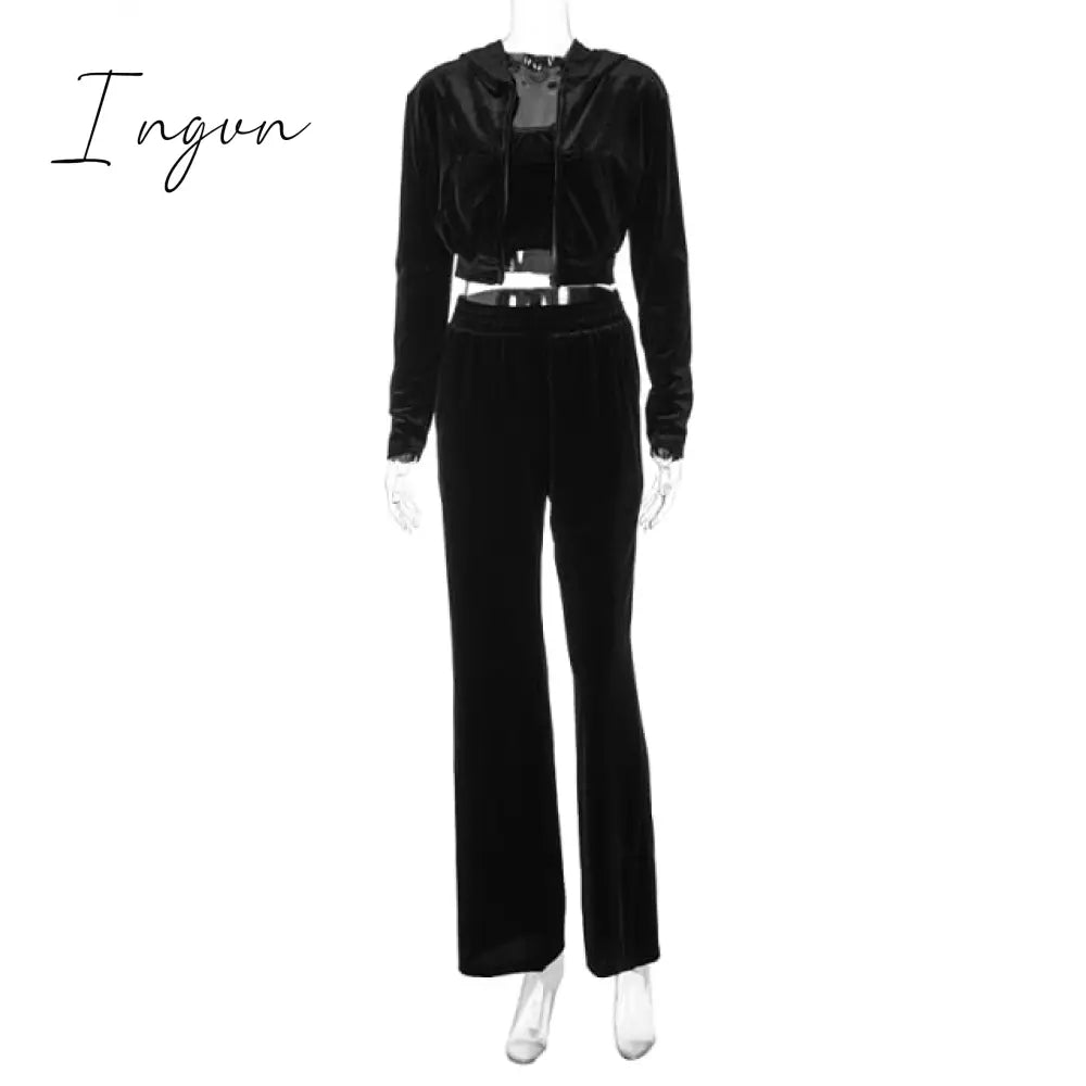 Ingvn - Velvet Women 3 Piece Set Hoodie Sweatshirt Zipper Tube Crop Top High Waist Wide Leg Pants Tracksuit Sporty Casual Outfit