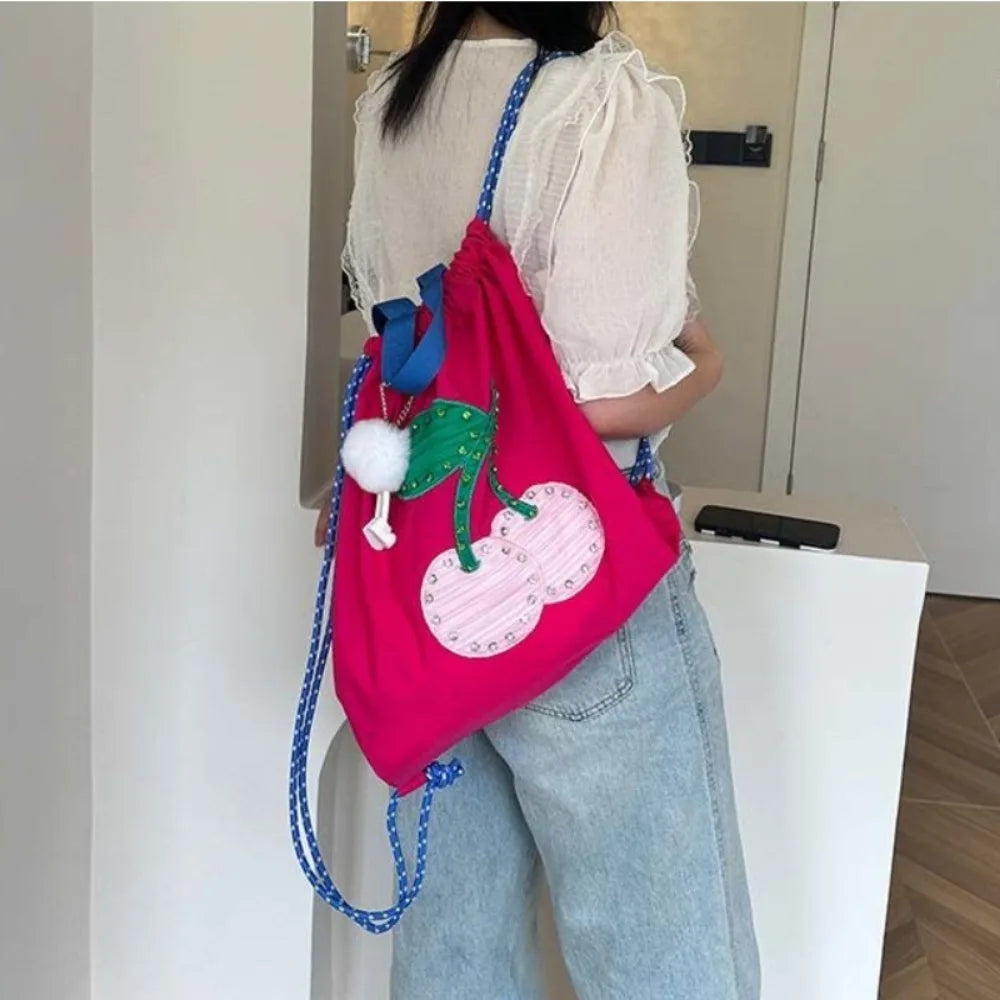 Ingvn  Practical Lovely Korea Drawstring Exquisite Backpacks Sweet Panelled Embroidery Fresh Shopping Bags Print Cherry New Handbags