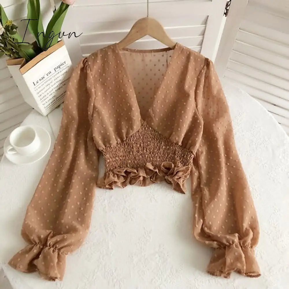 Ingvn - Women Fashion Spring Women Sweet Spot Blouse Ladies Fashion Chiffon Pullover Shirt V-neck Slim Long Puff Sleeve Folds Tunic Short Top
