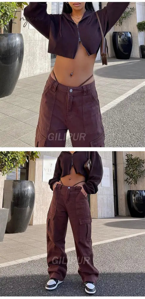 Ingvn - Y2k Cargo Pants Women's Jeans New Fashion Baggy Jeans Denim Overalls 90s Low Rise Pocket Straight Leg Trousers Streetwear