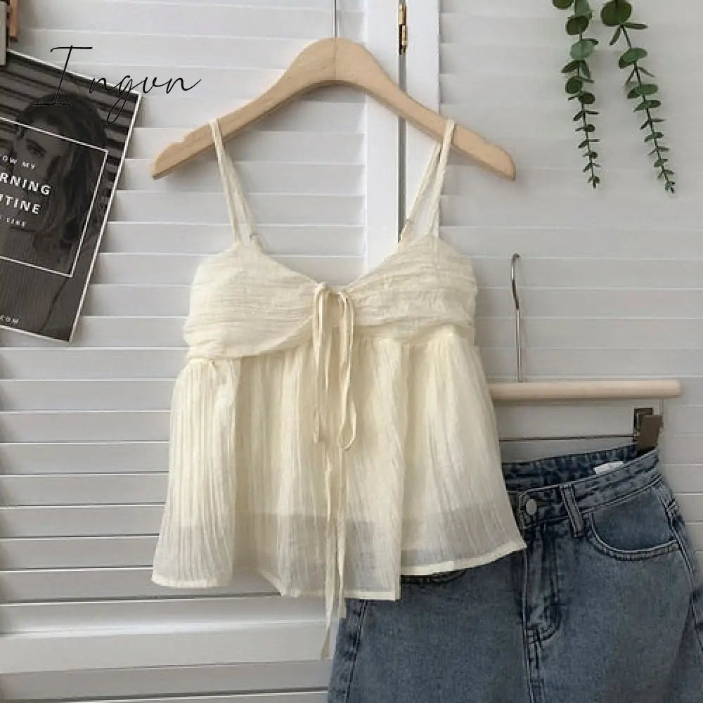 Ingvn - Summer New Korean Style Sweet Crop Tops All-Match Bow Tie Sleeveless Short Mesh Outer Wear Spaghetti-Strap Camisole Top