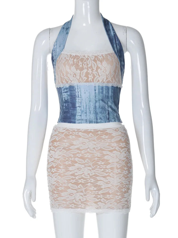Ingvn  New Fashion Lace Patchwork Dresses Sets Women Summer Halter Neck Backless Corset Top+Mini Skirts Sexy 2 Pieces Matching Set