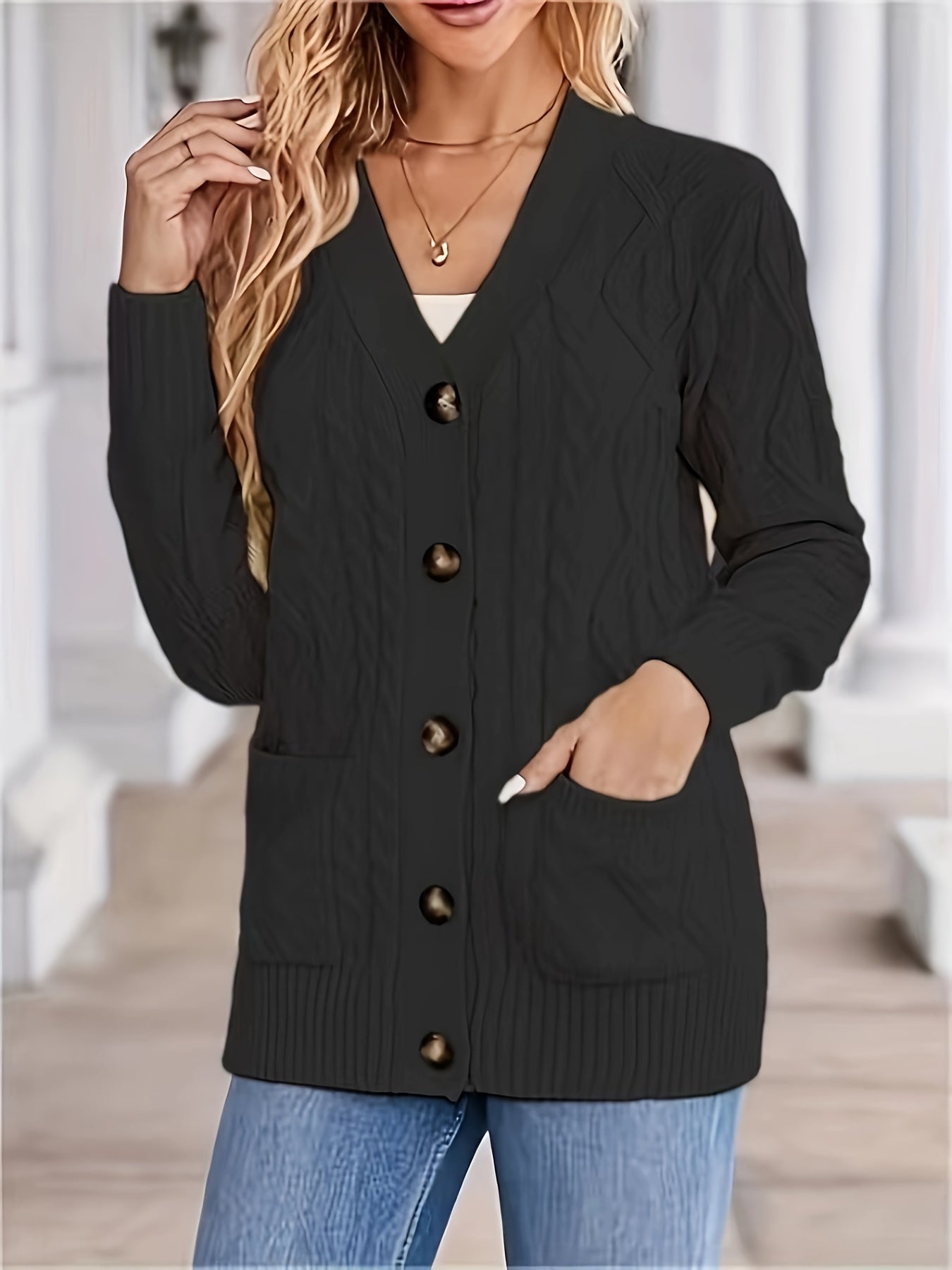 Cozy Cable Knit Long Sleeve Cardigan - Women's Casual Single Breasted Cardigans with Pockets for Spring & Fall - Soft, Comfortable, and Stylish Women's Clothing